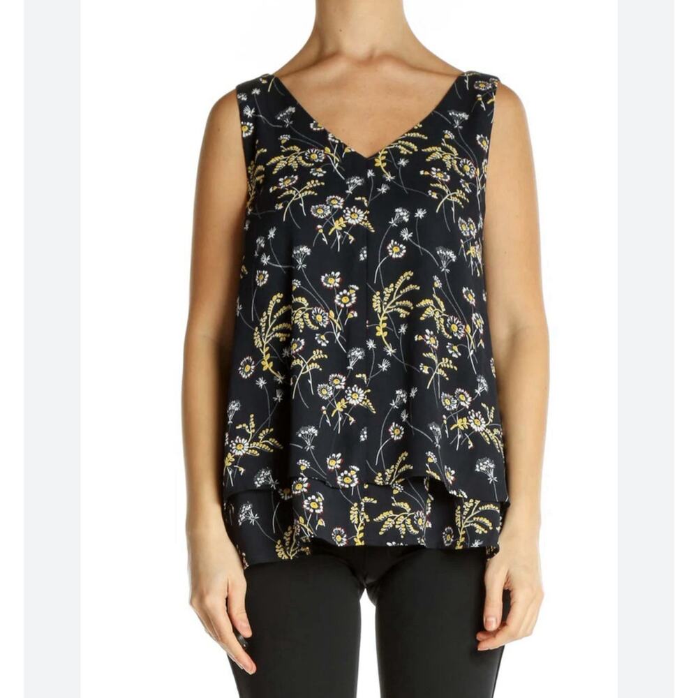 LOFT Blue Floral V-Neck Tank Small